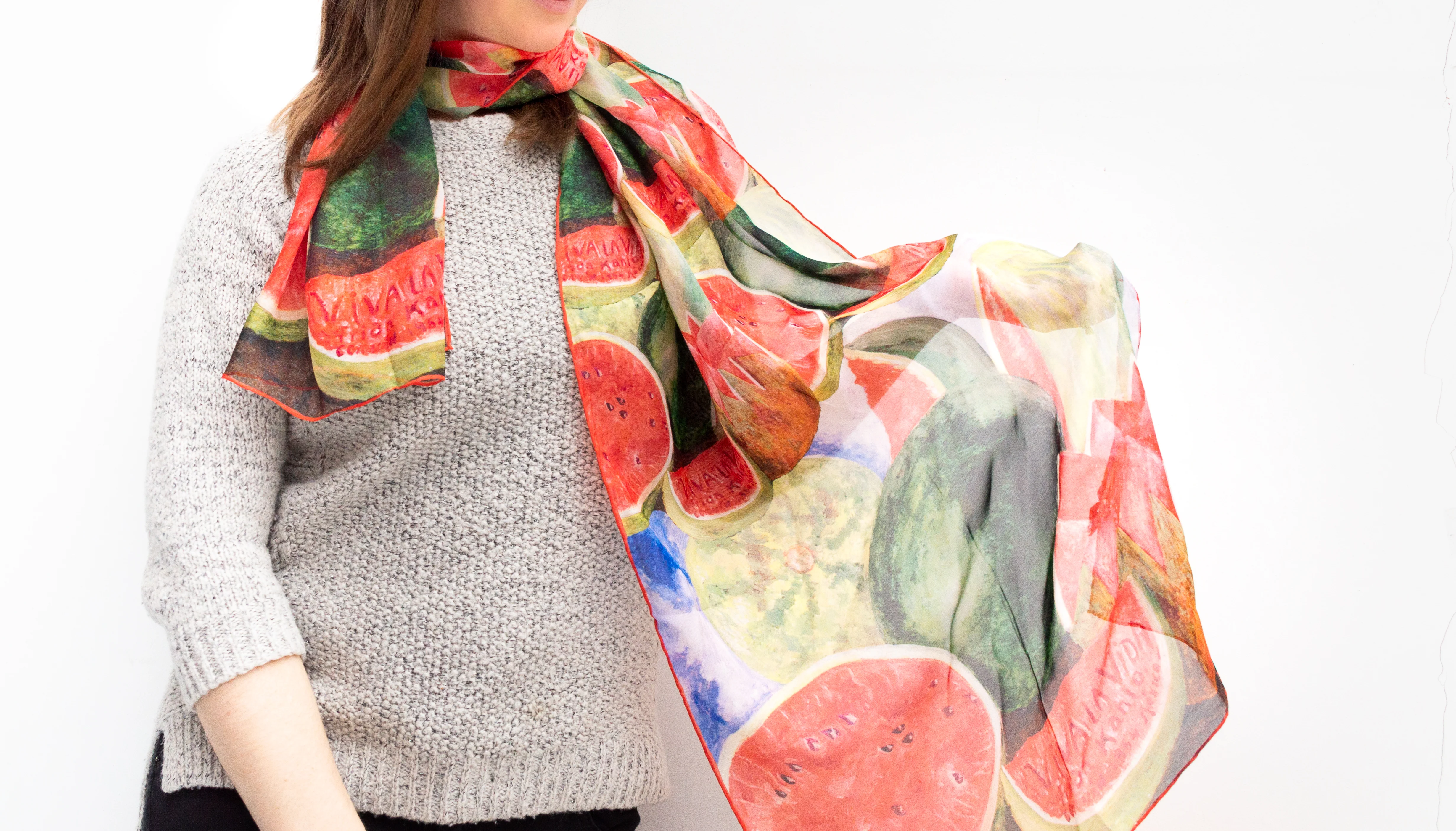 Frida Kahlo Watermelon Silk Chiffon Scarf - Image 4